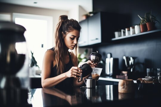 Shot Of A Young Woman Making Some Coffee At Home