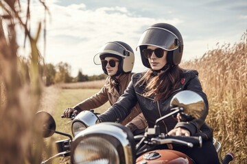 Fototapeta na wymiar shot of a young couple wearing helmets as they ride their vintage motorbikes outdoors