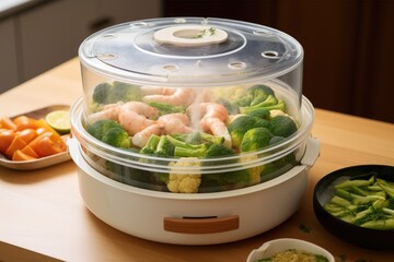 steamer with lid open, revealing freshly cooked meal