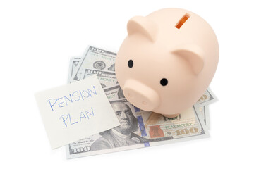 Paper note with text written PENSION PLAN. Investments Concept. Elderly Spouses Saving Money, Pension Plan. Retirement concept. isolate background.