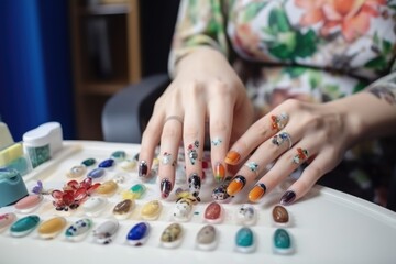 happy, portrait and woman with nail art for manicure in a beauty salon