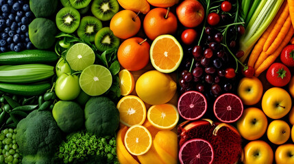 Panoramic food background with assortment of fresh organic fruits and vegetables in rainbow colors 