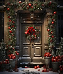 Fototapeta na wymiar Elegantly Adorned Christmas Door: A Festive Entryway Welcome. Generative Ai