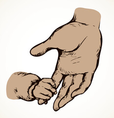 Children's hand holds on to mother's arm. Vector drawing