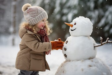 Joyful Snowman Playtime: Kids Embracing Winter Wonder. Generative Ai. No real person.