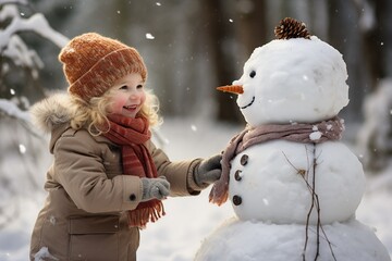Joyful Snowman Playtime: Kids Embracing Winter Wonder. Generative Ai. No real person.