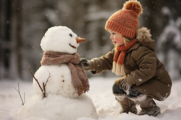 Joyful Snowman Playtime: Kids Embracing Winter Wonder. Generative Ai. No real person.