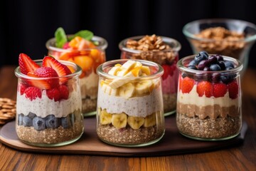 vegan overnight oats in glass jars with fruit toppings