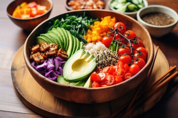 Fototapeta na wymiar vegan buddha bowl with quinoa, avocado, and fresh veggies