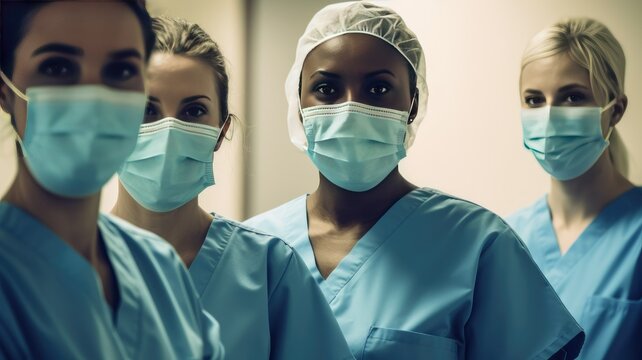 Medical Workers Day. International Nurses Day. Many doctors and nurses wearing protective medical masks. Group of medical workers portraits. Group of people in uniforms with medical staff
