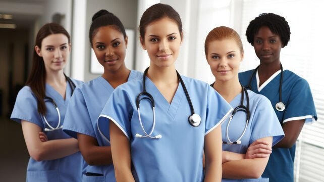 Medical Workers Day. International Nurses Day. Many Doctors And Nurses Wearing Protective Medical Masks. Group Of Medical Workers Portraits. Group Of People In Uniforms With Medical Staff