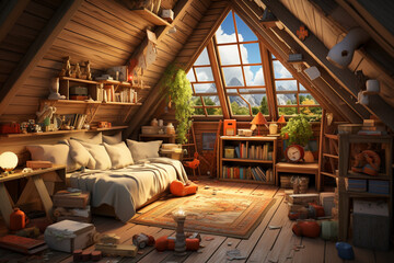 Interior of scandinavian bedroom with big window in attic of house