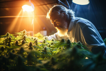 Scientist checking on organic cannabis hemp plants in a weed greenhouse. Concept of legalization herbal for alternative medicine with cbd oil, commercial pharmaceptical medicine business industry - obrazy, fototapety, plakaty