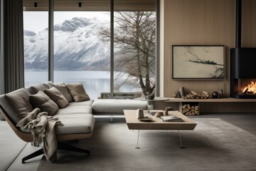 Modern living room interior design concept. Digital illustration made with generative AI.