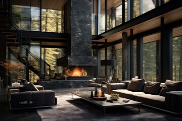 Modern living room interior design concept. Digital illustration made with generative AI.