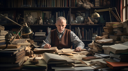 Portrait of a accomplished older author in his study surrounded by his books and manuscripts