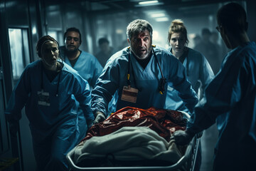 Emergency Department: Doctors, Nurses and Paramedics Run and Push Gurney / Stretcher with Seriously Injured Patient towards the Operating Room. Modern Hospital with Professional Staff. - obrazy, fototapety, plakaty