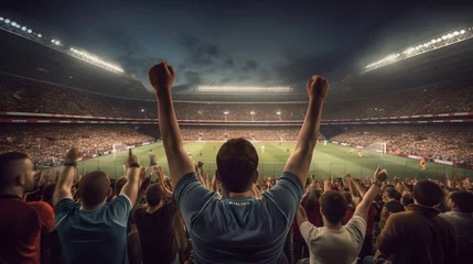 Zelfklevend Fotobehang Back view of football, soccer fans cheering their team at crowded stadium at night time. Football fans celebrating a victory in stadium. Concept of sport © AspctStyle