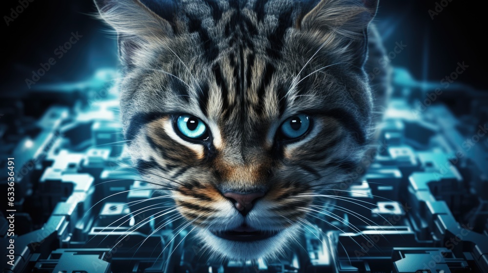 Poster a cat is staring at the camera in front of a computer. generative ai image.