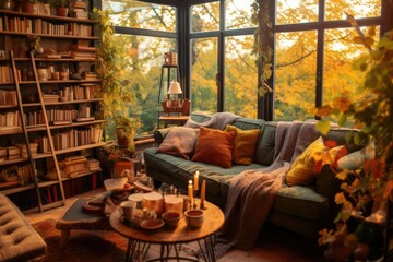 Fototapeta na wymiar Autumn cozy mood. Fall cozy reading nook with a blanket, bookshelf filled with autumn-themed books, and a cup of tea or hot chocolate.