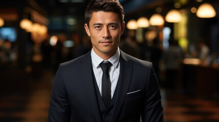 Fototapeta premium General manager of a large multinational company consisting of the most qualified men in the business world. Asian man. Suit jacket, dark background in the office.