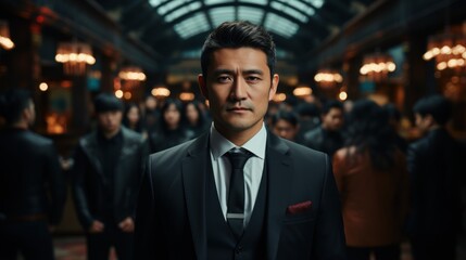Fototapeta premium General manager of a large multinational company consisting of the most qualified men in the business world. Asian man. Suit jacket, dark background in the office.