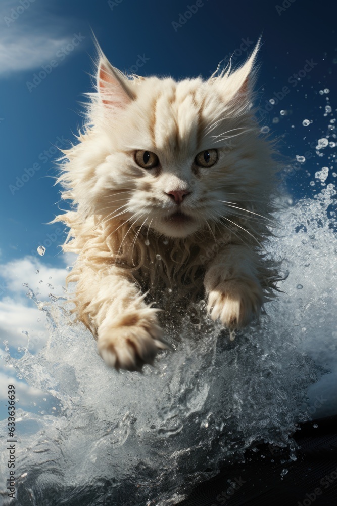 Poster a cat is jumping into the water. generative ai image.