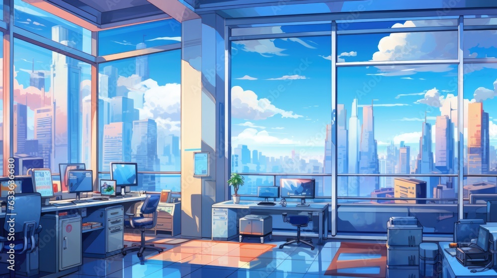 Poster an office with a view of the city. generative ai image.
