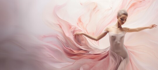 a graceful French ballerina in a minimalist leotard, within a palette of soft pastel pinks, emphasizing her lithe form, blush and rose hues, with a mix of fluid balletic movements