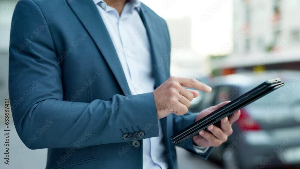 Poster tablet, hands scroll and professional in city on social media, internet networking and search app. t