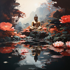 lake lotus and buddha