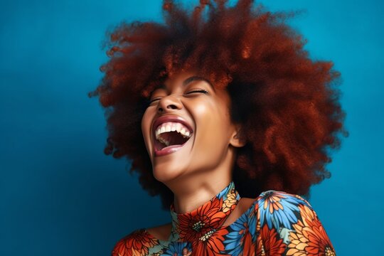 Vintage Vibes: Friends Laughing and Smiling Against Blue Background. Black Arts Movement Influence with Colorful, Eye-Catching Composition. Light Indigo and Amber Tones. High-Angle Capture