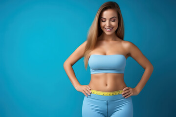 Fototapeta na wymiar Fit woman with measuring tape, Diet and weight loss concept, perfect body. Beautiful woman measuring her waist with a measure tape on blue background copy space