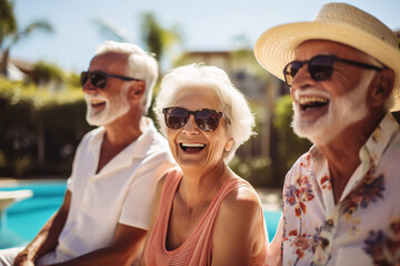 Group of senior citizens laughing happily by the poolside