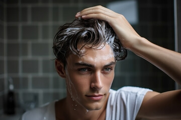 Naklejka premium Handsome young man applying shampoo on his hair, preparing for a wash
