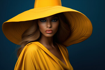 large Indian Yellow hat with an eye-catching large brim, a modern fashion design model