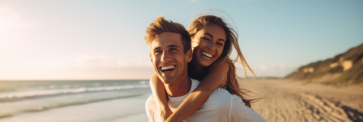 Couple enjoys a piggyback ride at the beach in summer