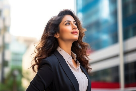 Confident rich eastern indian business woman executive standing in modern big city looking and dreaming of future business success