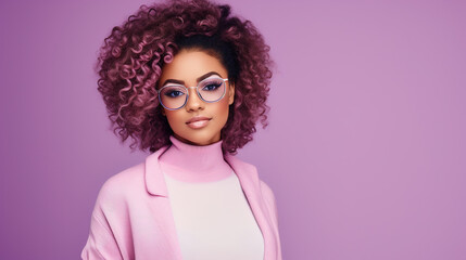 Fashion young african girl black woman wear stylish pink glasses clothes looking at camera isolated on party purple studio background