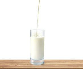 Milk poured into glass on wooden table isolated PNG transparent