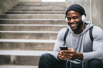 Fit sporty young black man sitting on concrete urban stairs holding phone using mobile apps listening music. Strong African ethnic guy wearing headphones looking at smartphone outdoors. Top view