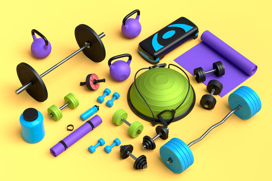 Isometric view of sport equipment like kettlebell, fitness ball and yoga mat