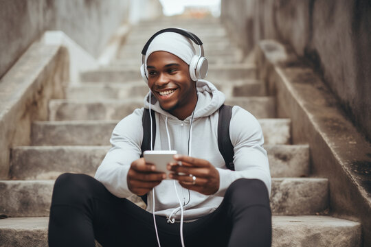 Fit Sporty Young Black Man Sitting On Concrete Urban Stairs Holding Phone Using Mobile Apps Listening Music. Strong African Ethnic Guy Wearing Headphones Looking At Smartphone Outdoors. Top View