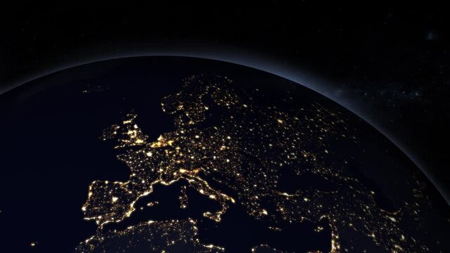 Animation of planet earth globe rotating. Europe and Russia map with city lights illuminated at night view from space