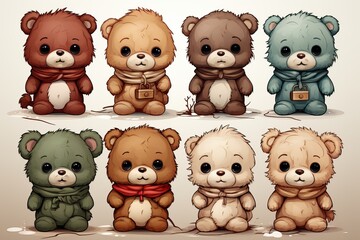 Obraz premium Ours en peluche alignés et habillé de différentes façon, dessin pour enfant, ia