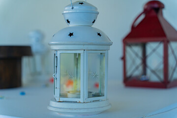 Retro lantern. Wedding props at the hotel.