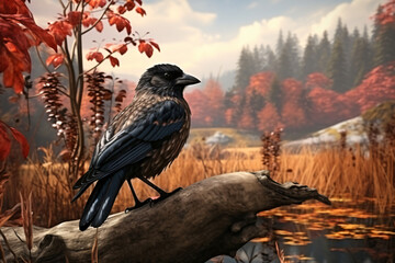 Crow with nature background style with autum