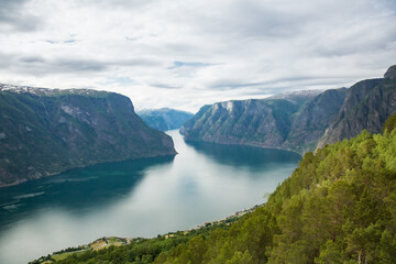 Naklejka na ściany i meble Aurlandsfjord fjord amazing landscape, Norway Scandinavia. National tourist route Aurlandsfjellet