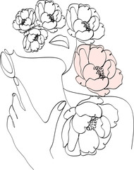 Abstract woman face with bird and flowers by one line drawing. Portrait minimalistic style. Botanical print. Nature symbol of cosmetics. Modern continuous line art. Fashion print. Beaty salon art