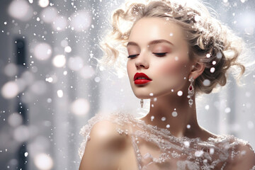 Beautiful woman in winter elegance and glamour. Festive portrait with style. - 633642262